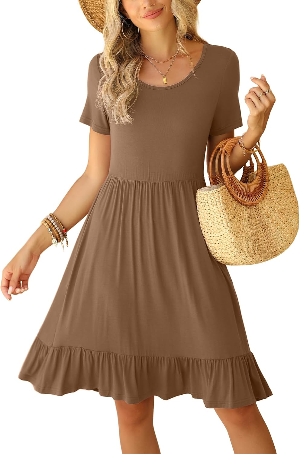LILBETTER Round Neck Knee Length Dress for Women with Pockets Casual Summer Shor...
