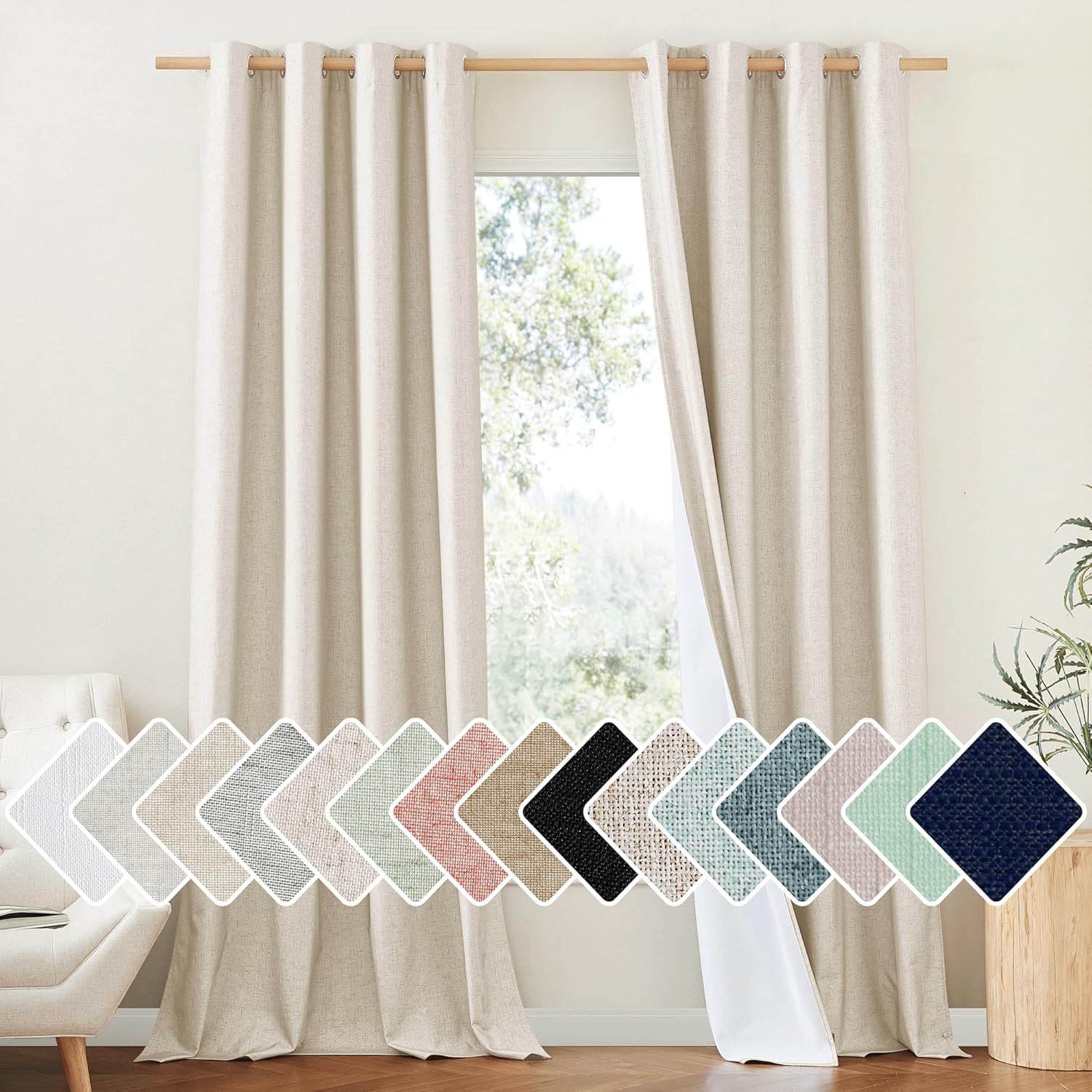 NICETOWN 100% Absolutely Blackout Linen Curtains with Thermal Insulated White Li...