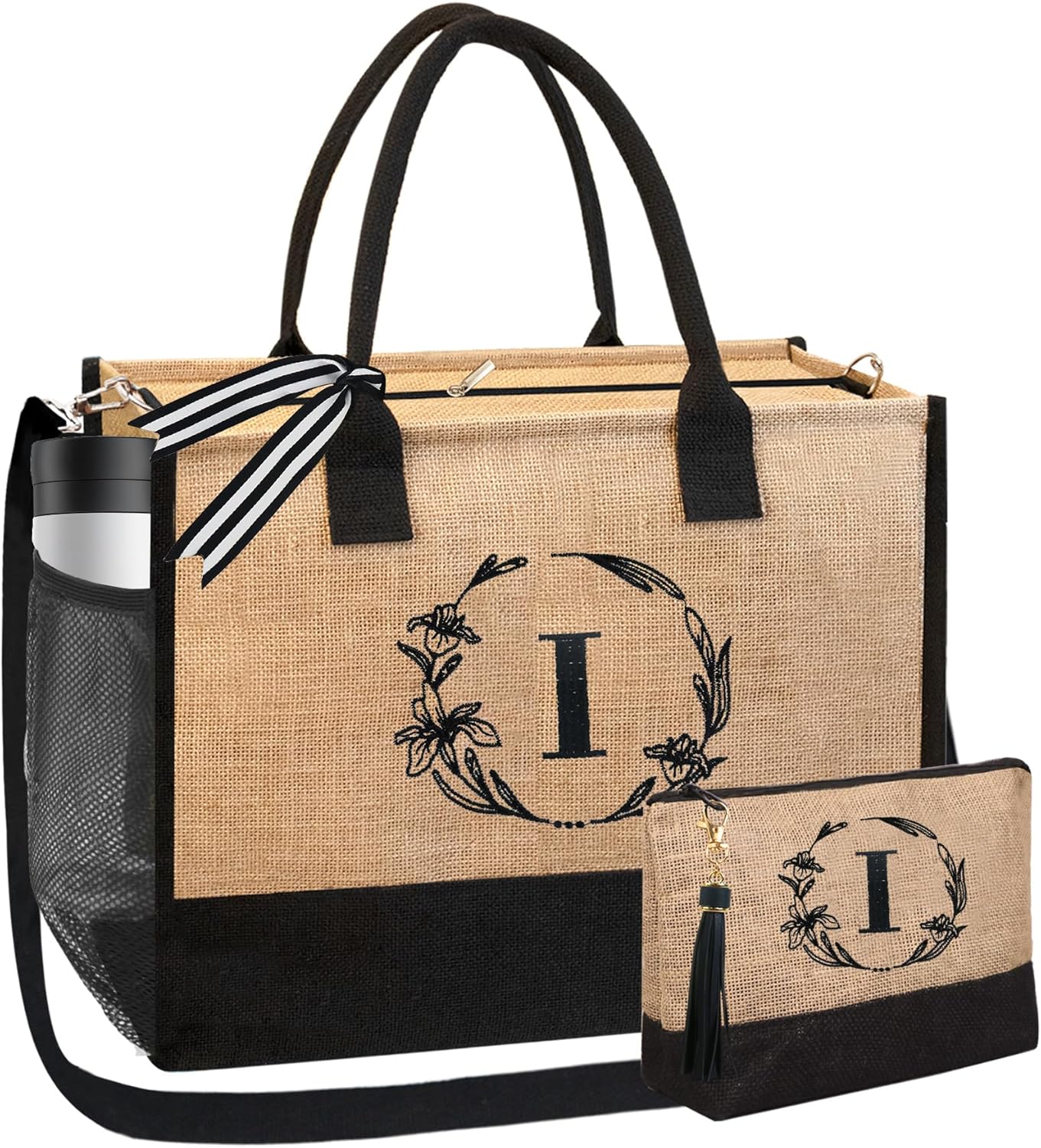 BeeGreen Jute Tote Bags for Women w Zipper Pockets Adjustable Strap Birthday Gif...