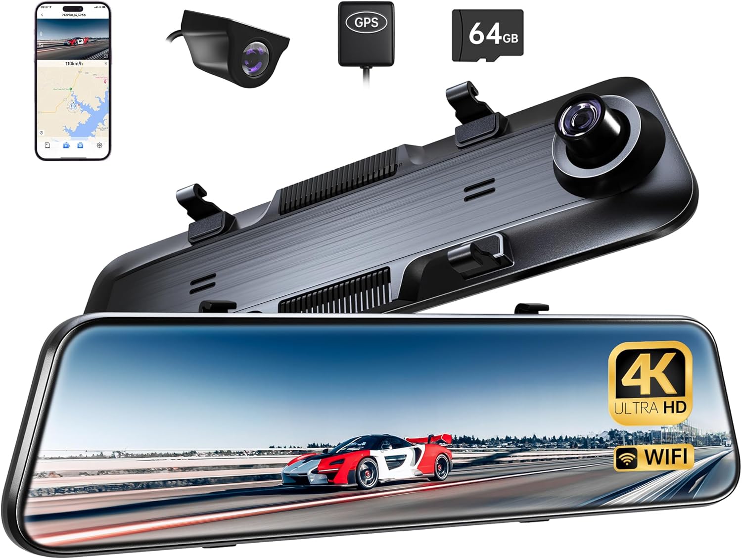 P12 Plus 4K WiFi Rear View Mirror Camera, 12" Mirror Dash Cam Front and Rear wit...