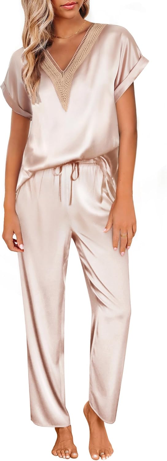 Ekouaer Womens Silk Pajamas Set Satin Pjs with Long Pants Short Sleeve Sleepwear...