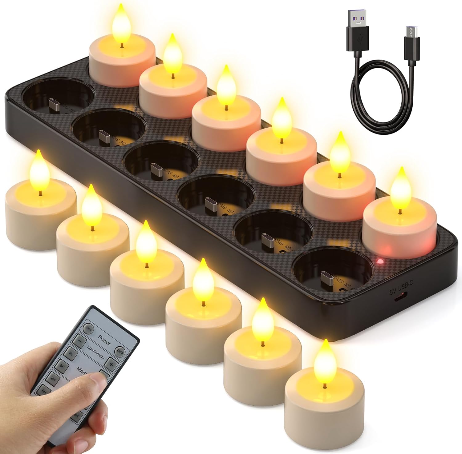 SoulBay Flameless Candles with Remote Control Timer & Charging Base, 12pcs USB R...