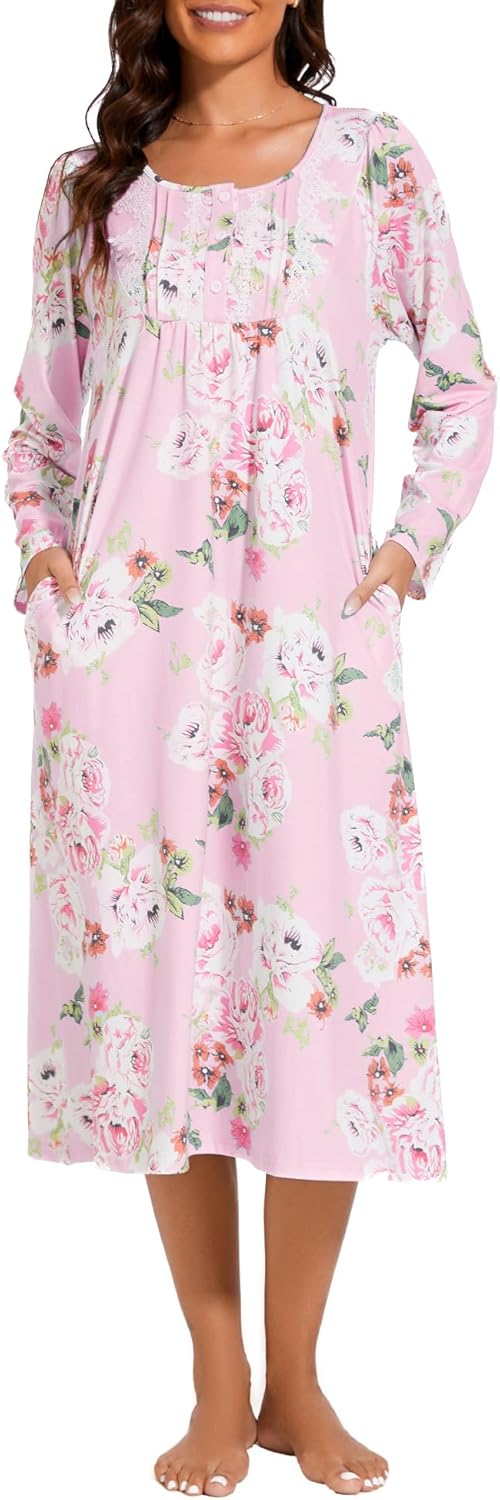 YOZLY Long Sleeve Nightgowns for Women Cotton Night Gwons Lace Sleepwear with Po...