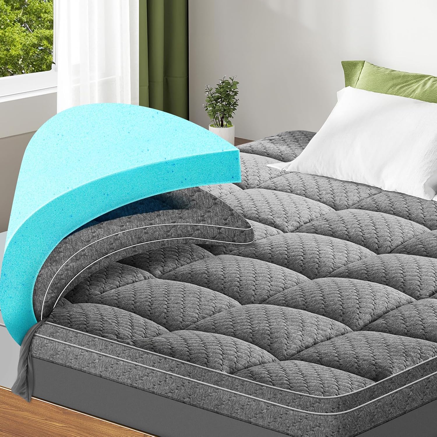 Dual Layer 3 Inch Memory Foam Mattress Topper Queen Size, 2 Inch Cooling Gel Mem...