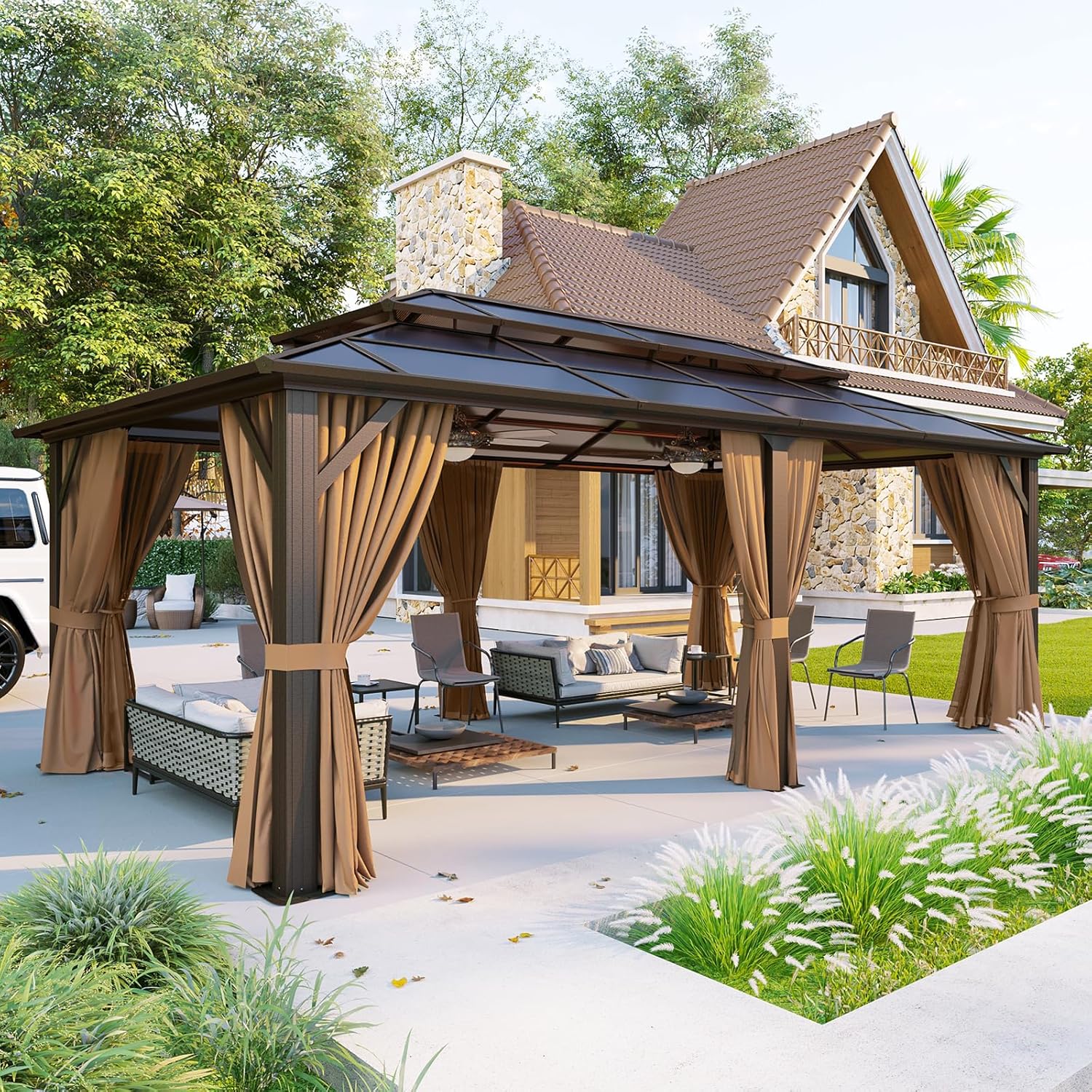 Aoxun 12'x20' Hardtop Gazebo, Aluminum Frame Permanent Pavilion with Curtains an...