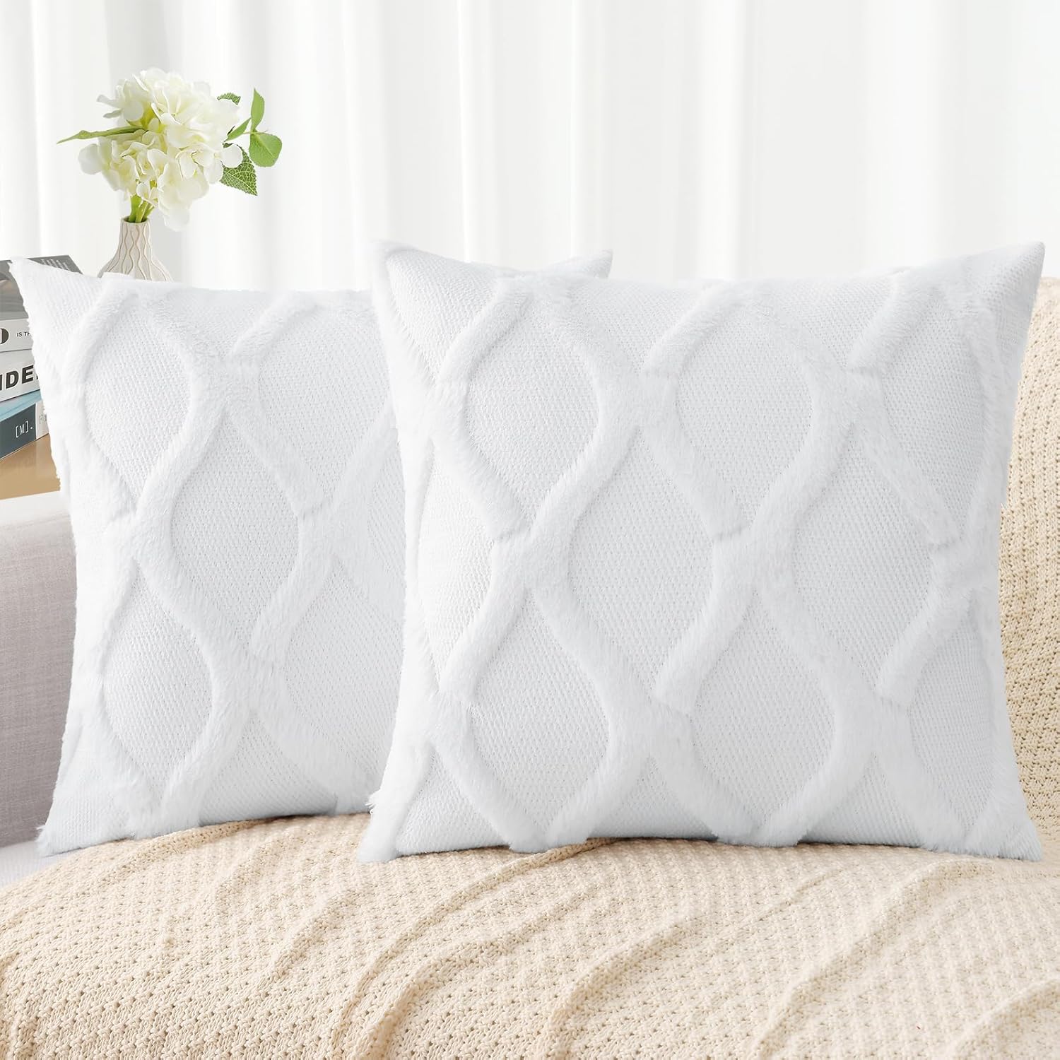 decorUhome Decorative Throw Pillow Covers 18X18 Set of 2, Soft Plush Faux Fur Wo...