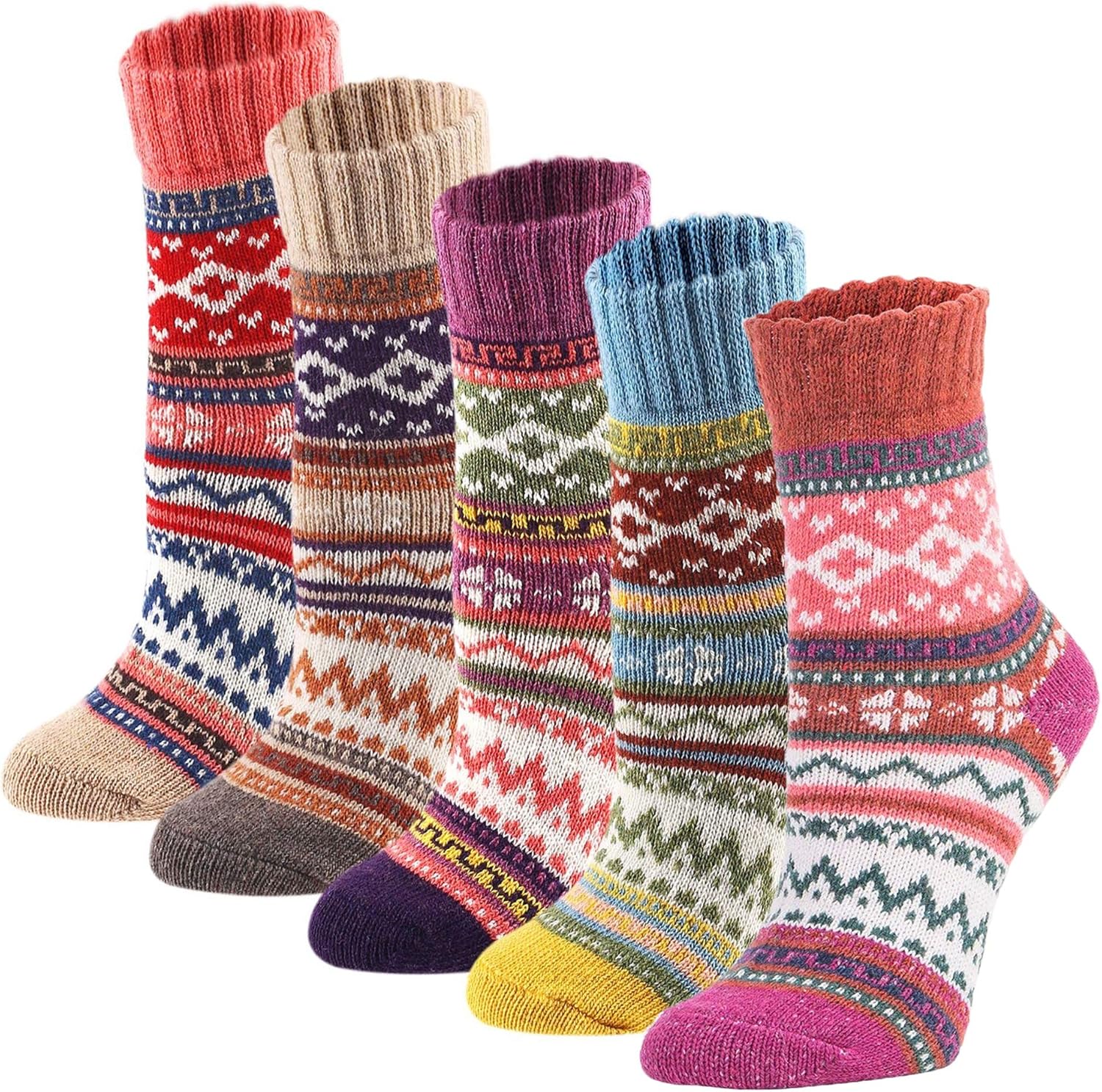 YZKKE 5Pack Womens Vintage Winter Soft Warm Thick Cold Knit Wool Crew Socks, Mul...
