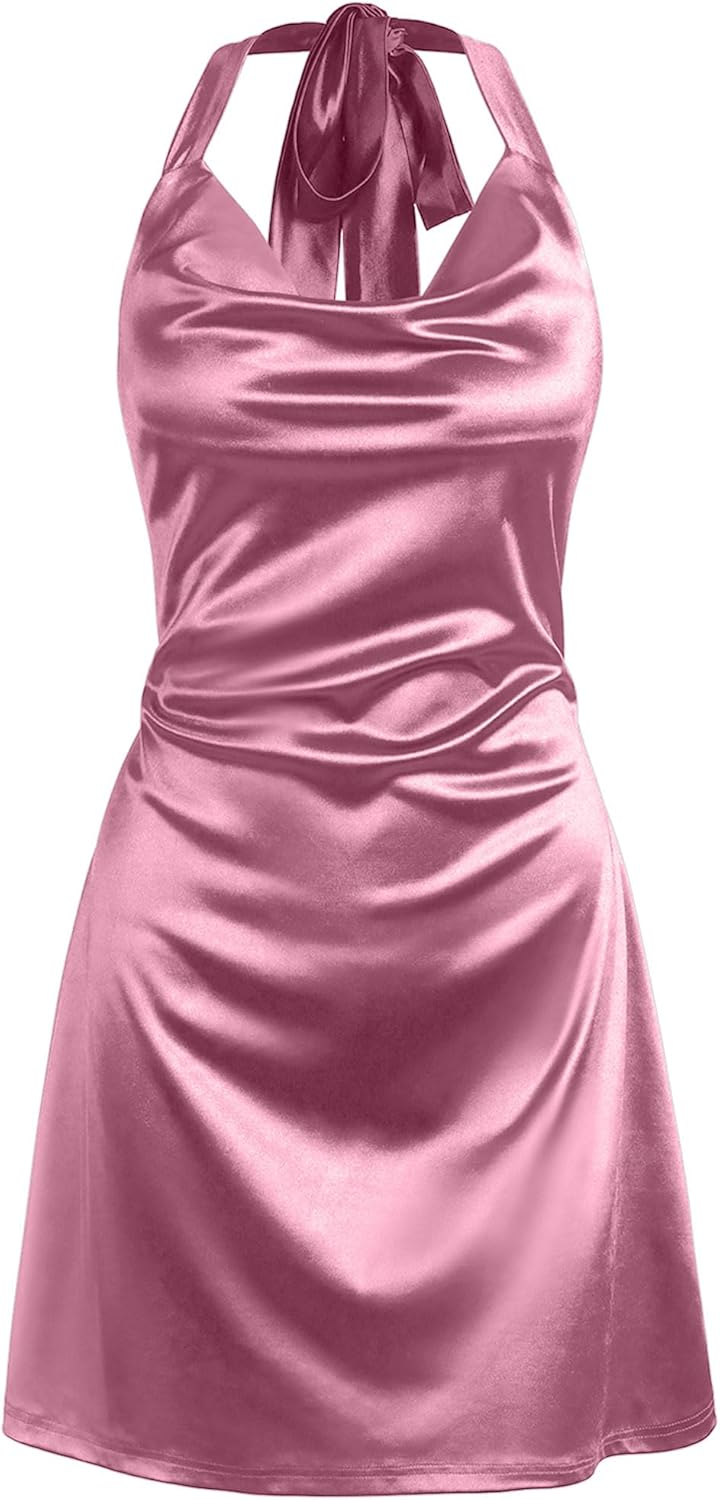 ZAFUL Women Halterneck Satin Mini Dress Sexy Cowl Neck Silky Party Cocktail Club...