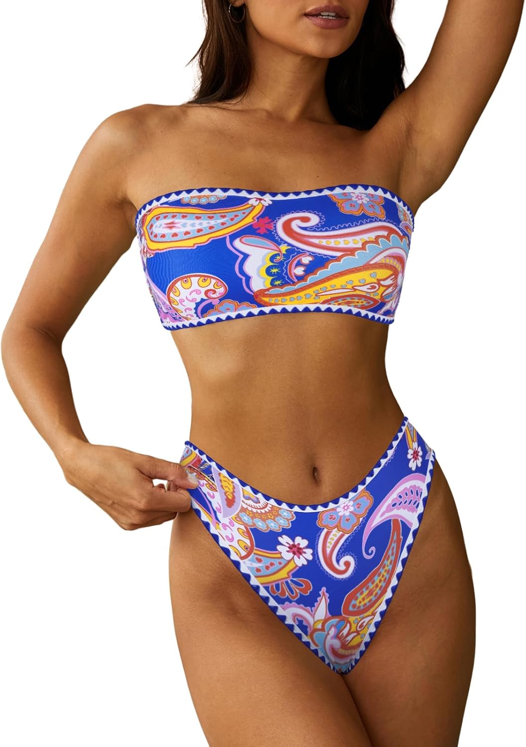 ZAFUL Women Strapless Wave Bandeau Bikini 2 Piece Swimwear Cheeky Solid Lace up...