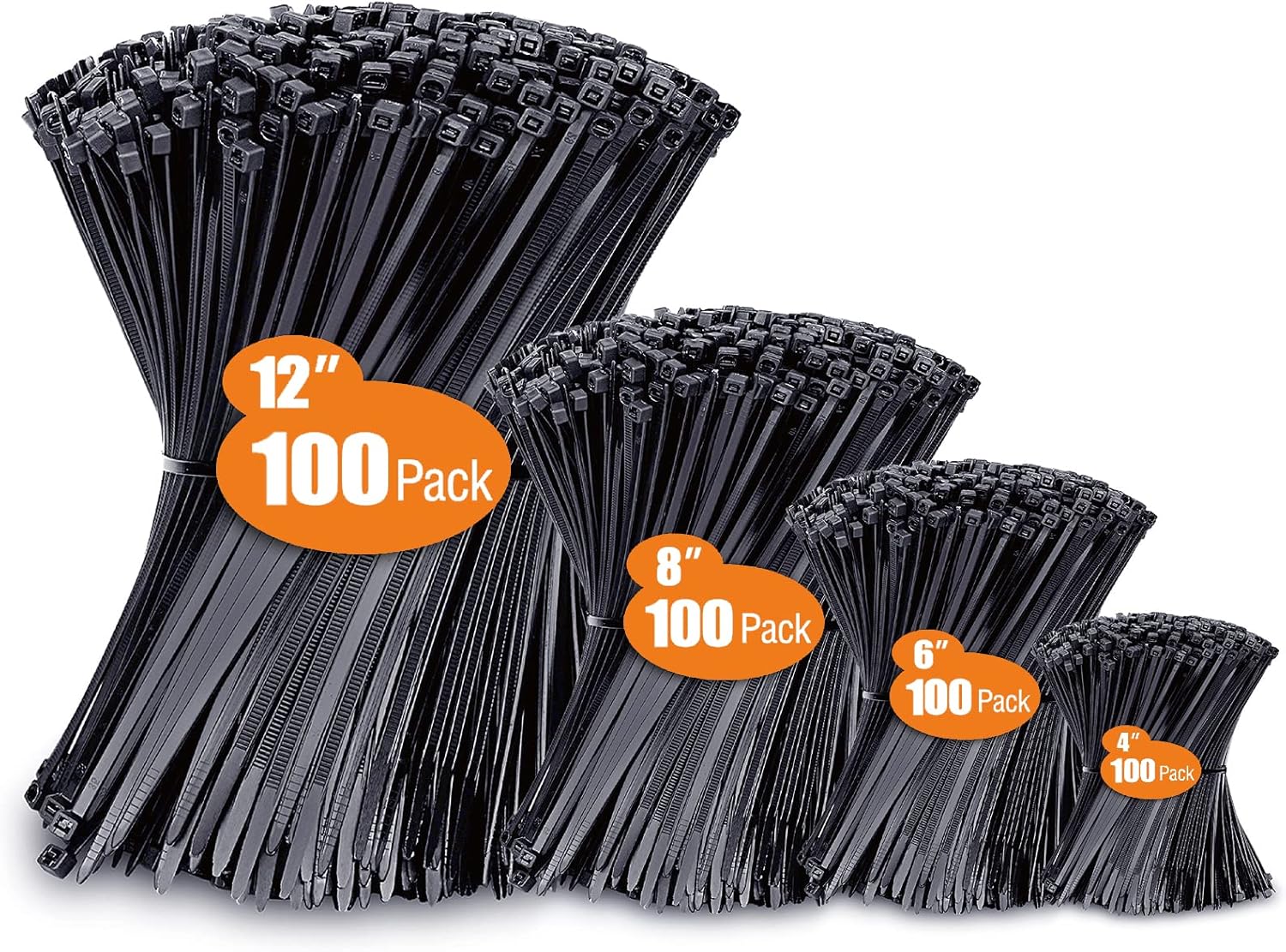 Zip Ties Assorted Sizes(4”+6”+8”+12”), 400 Pack, Black Cable Ties, UV Resistant...