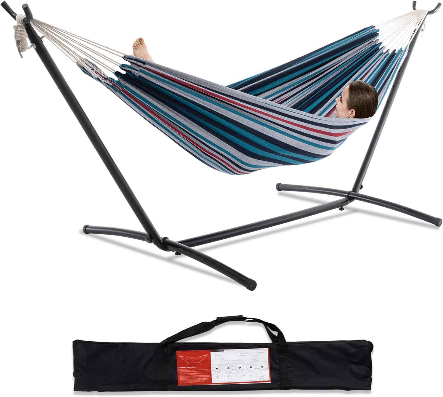 PNAEUT Double Hammock with Space Saving Steel Stand 2 Person Heavy Duty Garden Y...