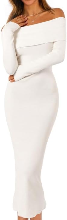MEROKEETY Women's Winter Off Shoulder Bodycon Sweater Dress Formal Long Sleeve E...