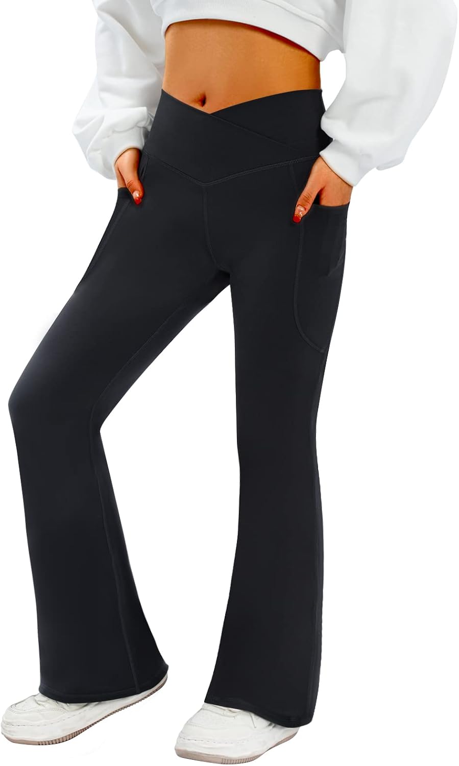 Women's Flare Yoga Pants with Pockets-V Crossover High Waisted Bootcut Yoga Legg...