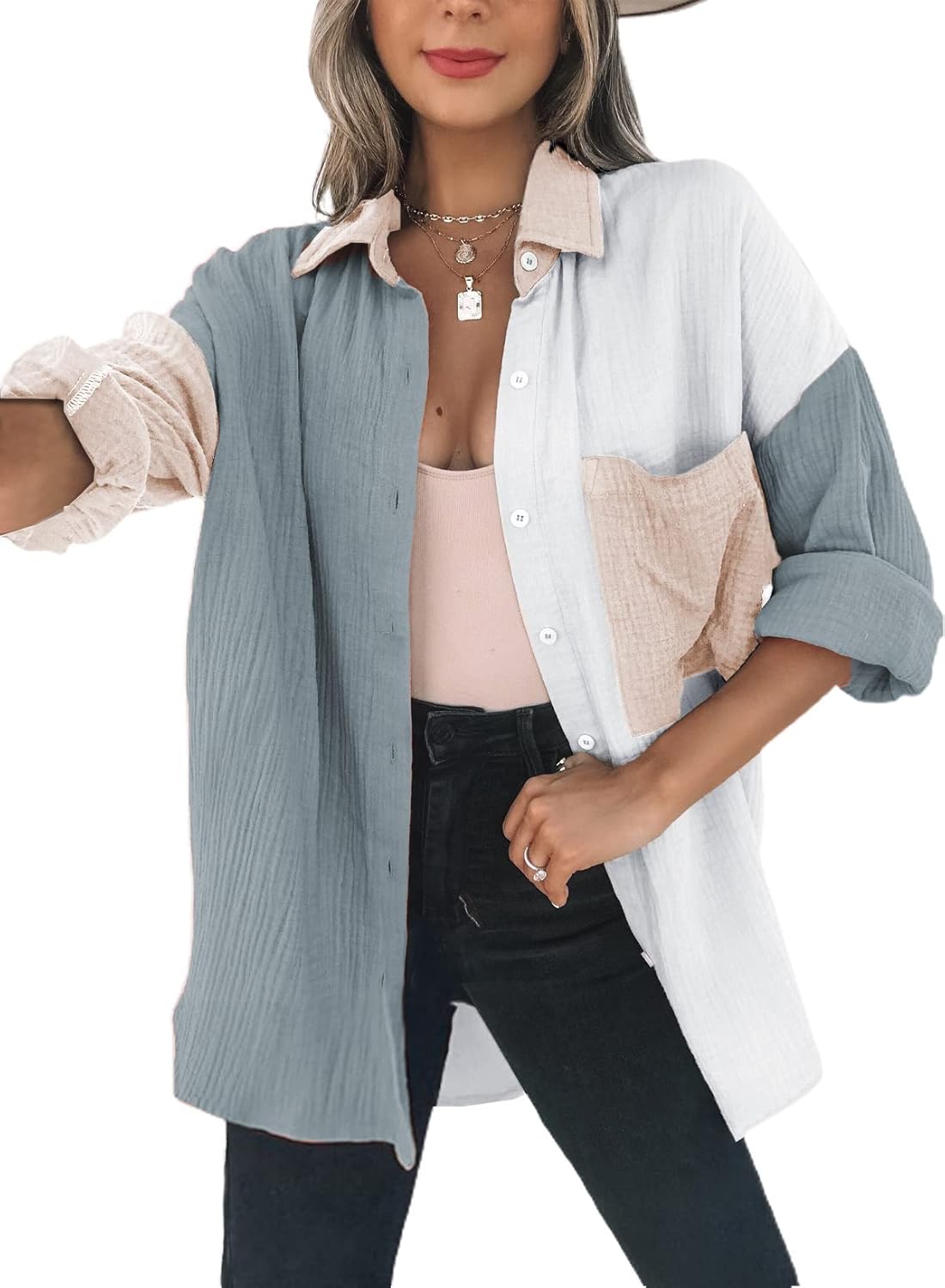 Dokotoo Womens Color Block Button Down Shirts Long Sleeve Oversized Boyfriend Bl...