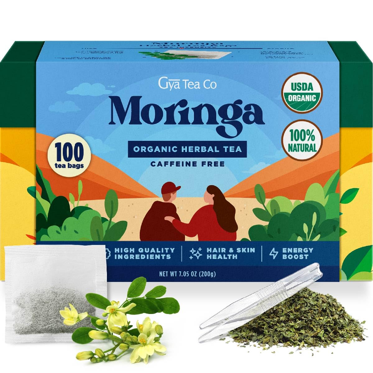 Gya Tea Co Organic Moringa Herbal Tea Bags (100 Bags) - Natural Decaf Energy Tea...