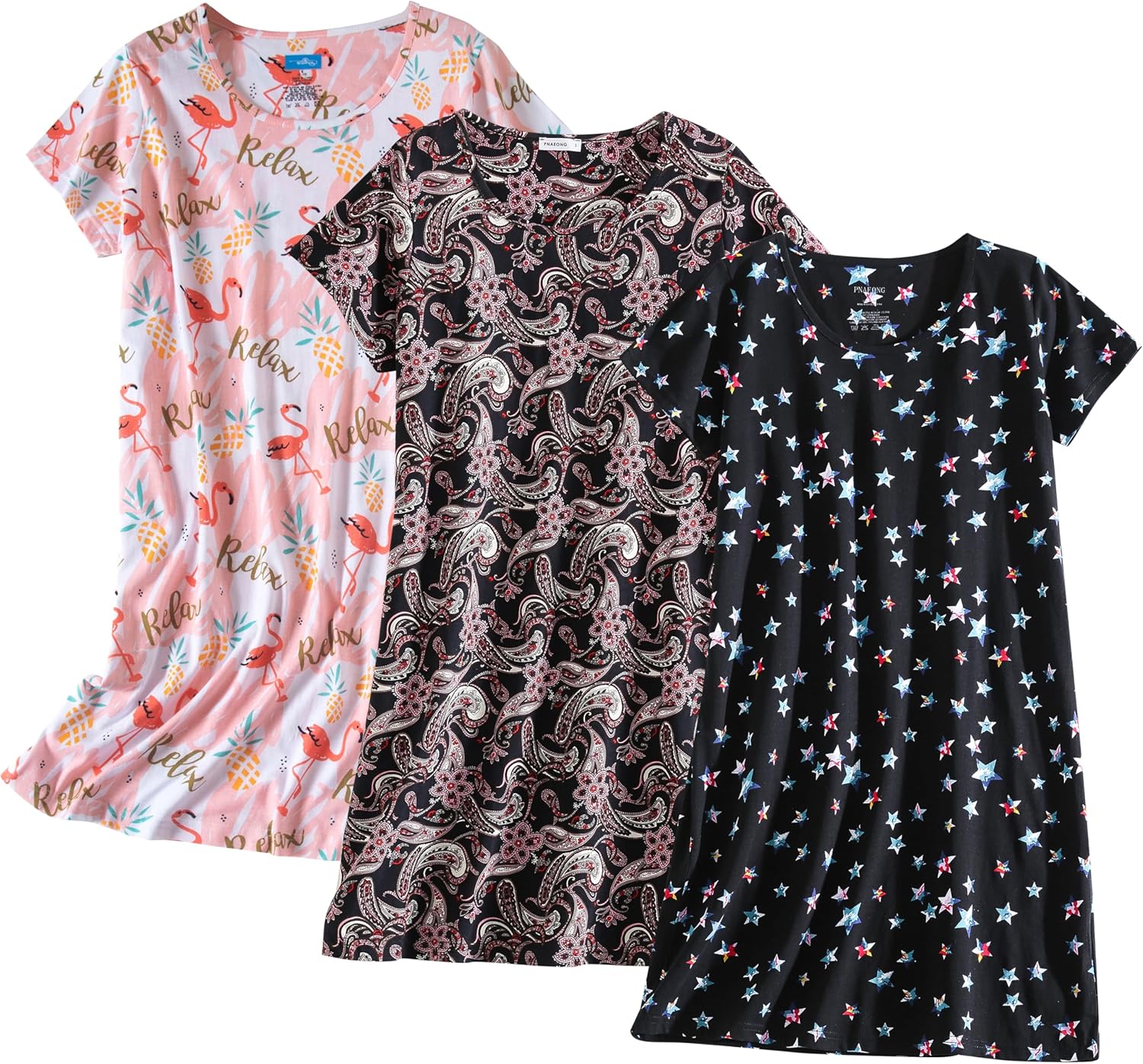 PNAEONG 3 Pack Women's Cotton Nightgown Sleepwear Short Sleeves Shirt Casual Pri...