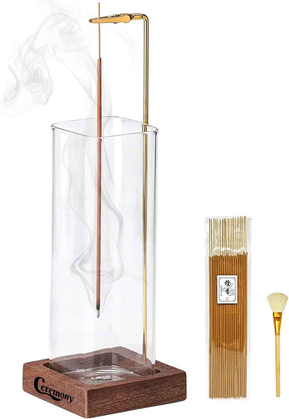 Ceremony Incense Holder, Wooden Incense Holder for Sticks with Glass Ash Catcher...