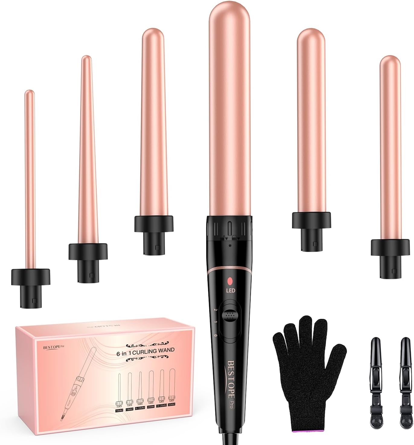 Long Barrel Curling Iron Wand Set, BESTOPE PRO 6 i...