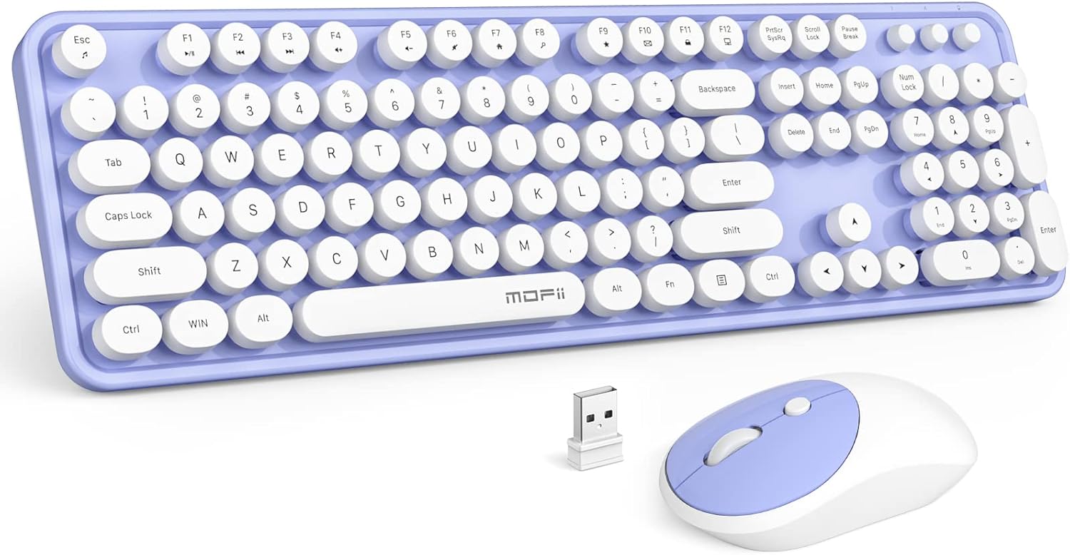 Wireless Keyboard and Mouse Combo, MOWUX Full Size Typewriter Retro Round Comput...