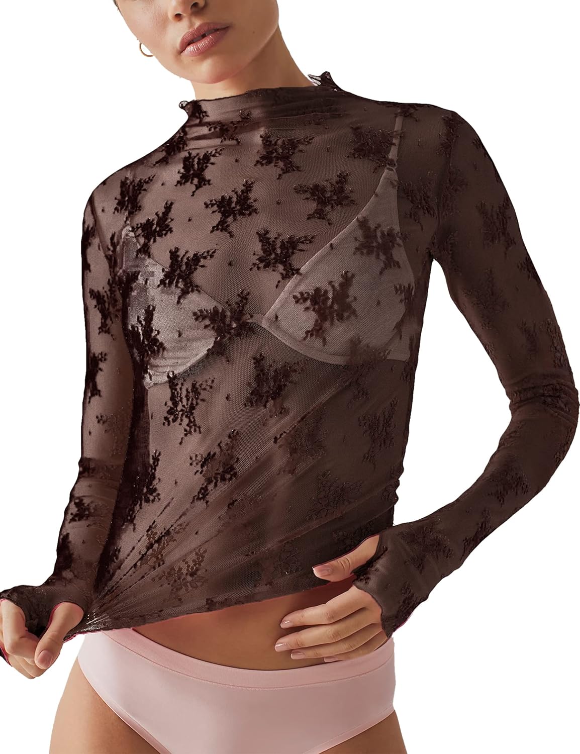 Ugerlov Women's Long Sleeve Mesh Top Mock Neck Sheer Blouse See Through Floral L...