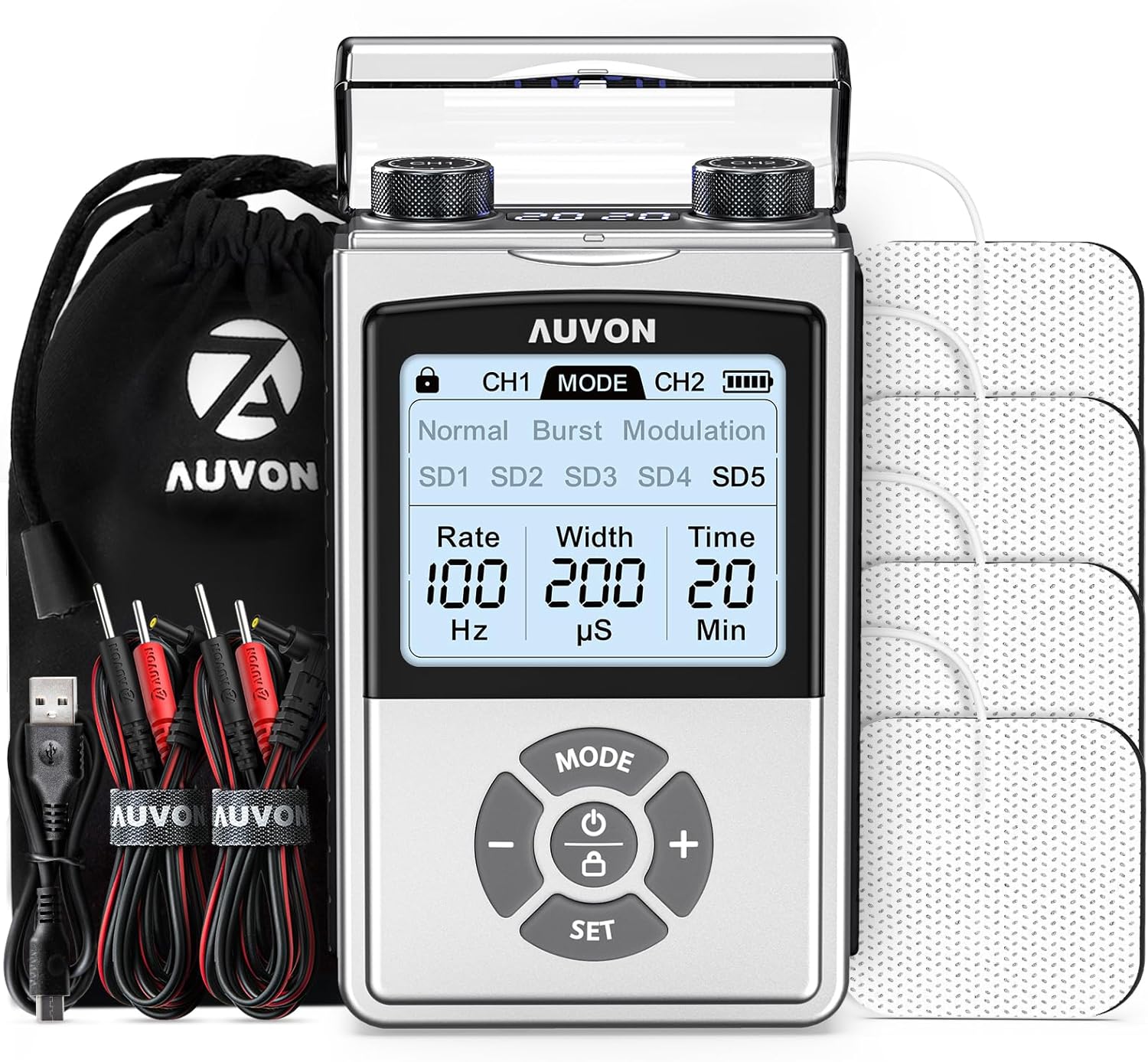AUVON Rechargeable TENS Unit Muscle Stimulator for Back Pain Relief, 600 mAh Bat...