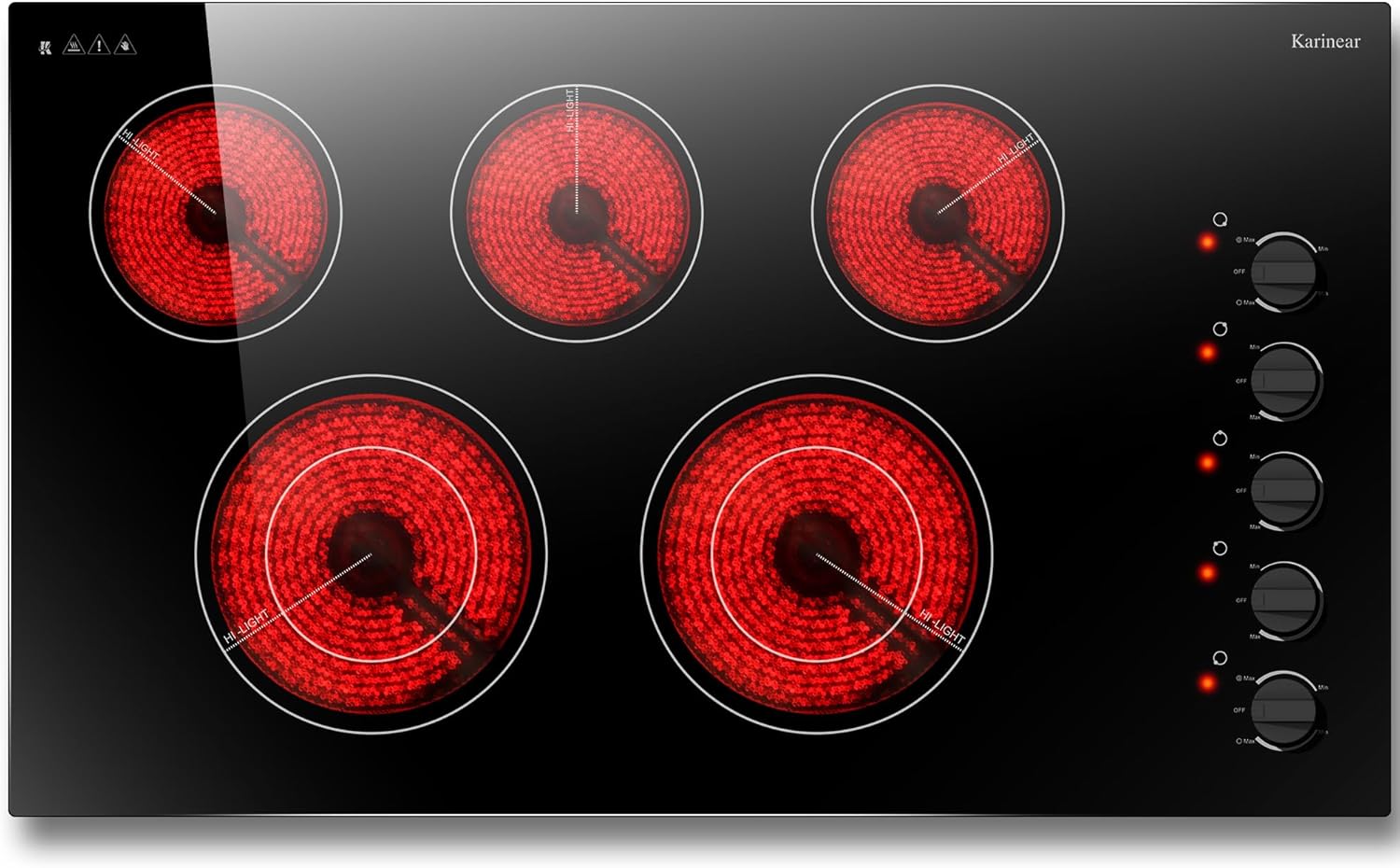 Karinear 36 Inch Electric Cooktop 5 Burners, Knob Control Built-in Ceramic Cookt...