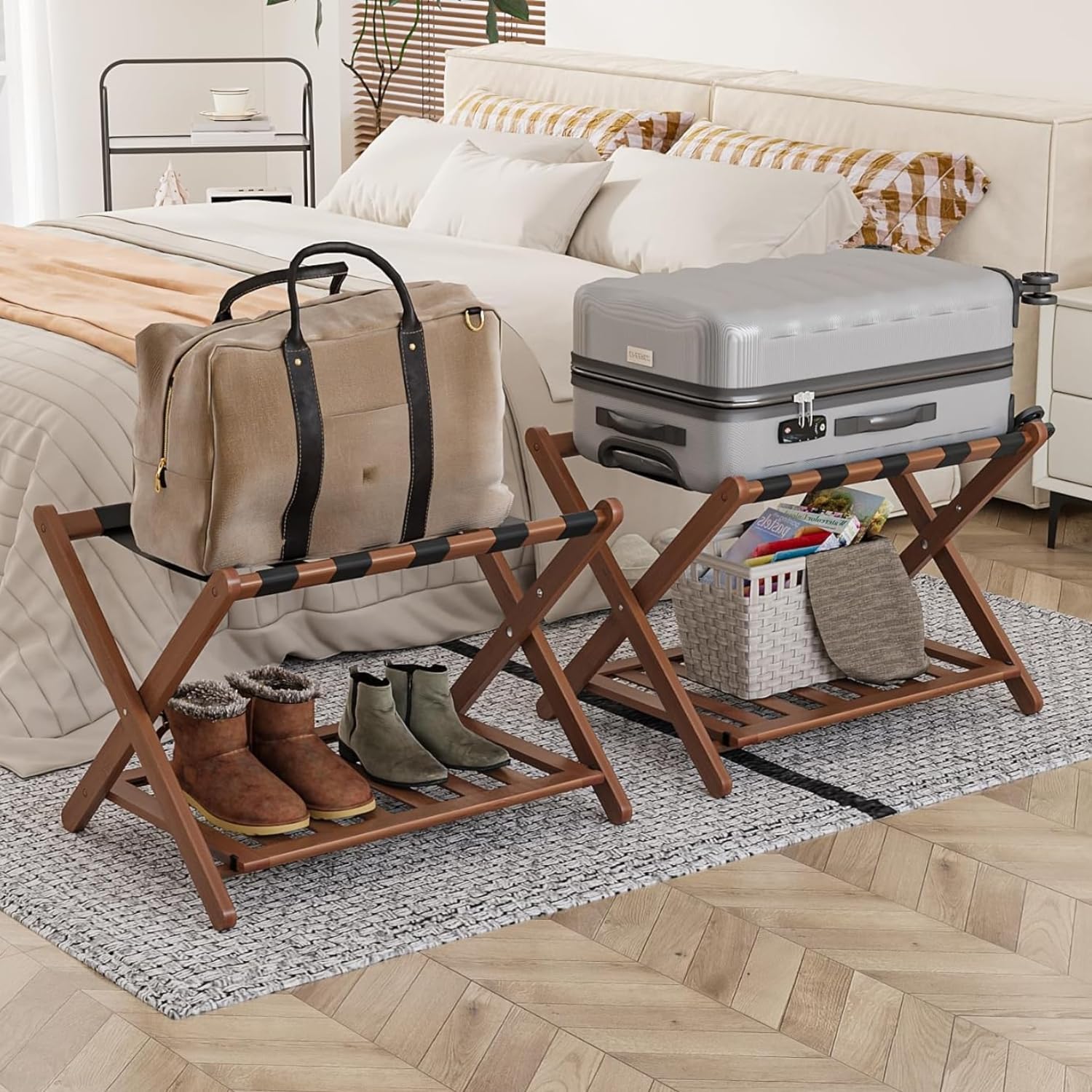 Fully Assembled Walnut Luggage Racks Set of 2, 5 Nylon Straps Folding Suitcase S...