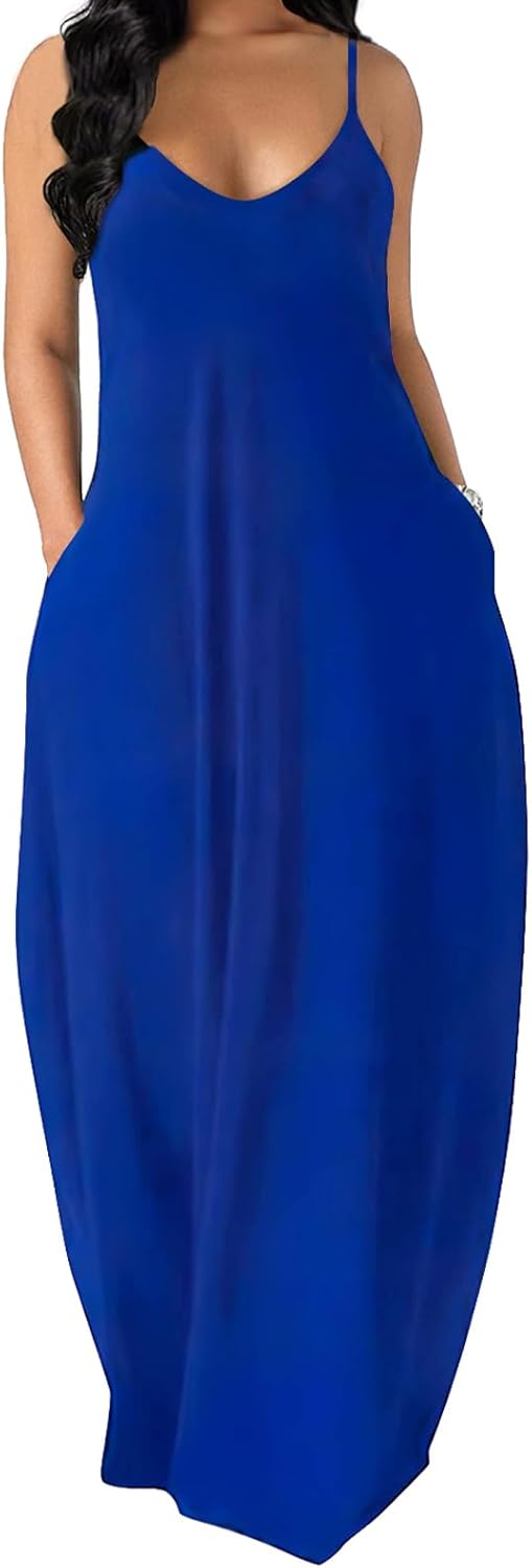 OFEEFAN Women's Maxi Dresses Summer Spaghetti Strap Dress with Pockets X-Large A...