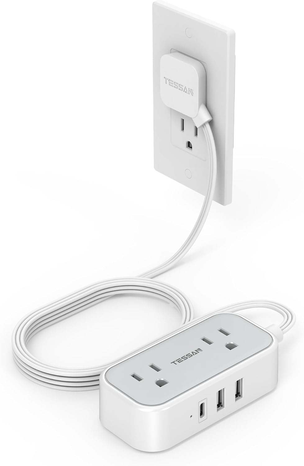 Small Flat Plug Power Strip for Cruise Ship, TESSAN Ultra Thin Extension Cord wi...