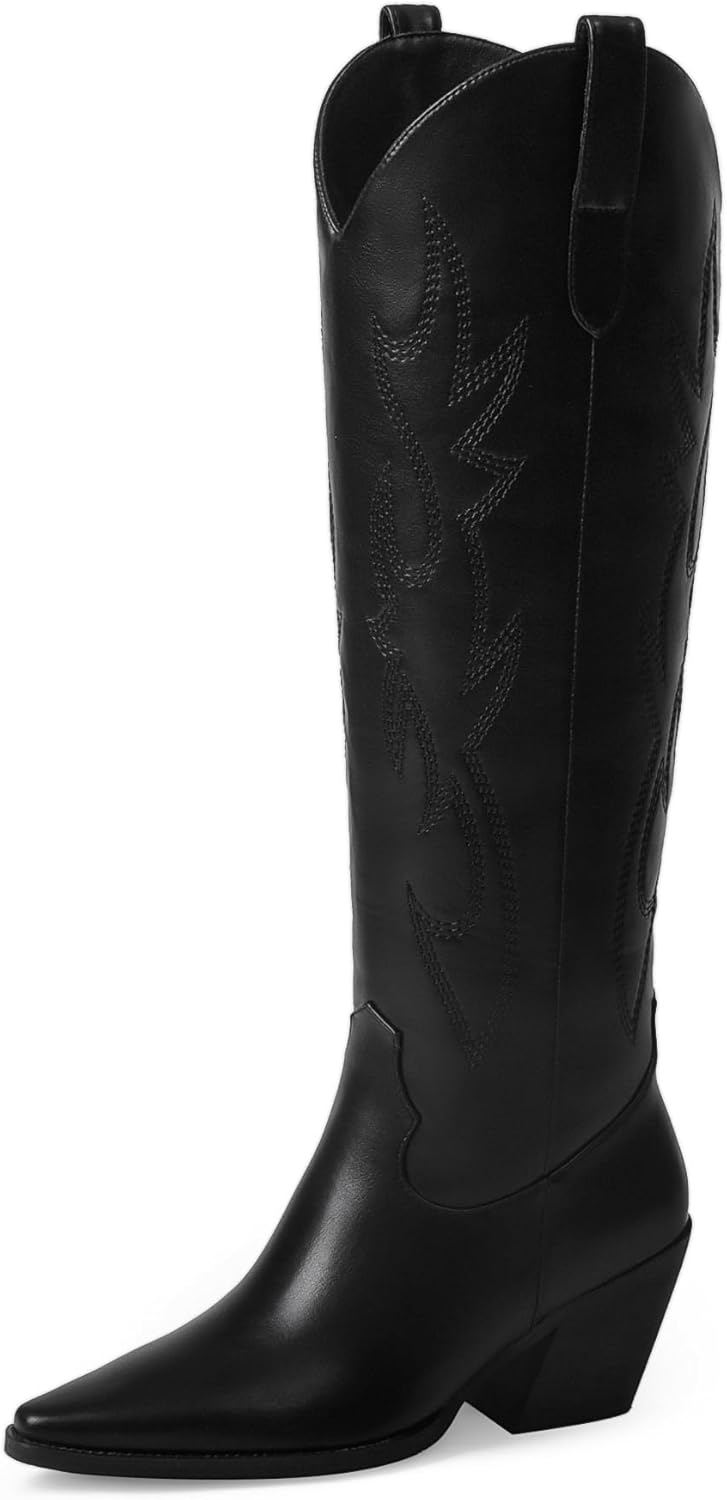 iiimmu Cowgirl Boots Women Knee High Boots Pointed Toe and Block Heel Cowboy Sue...