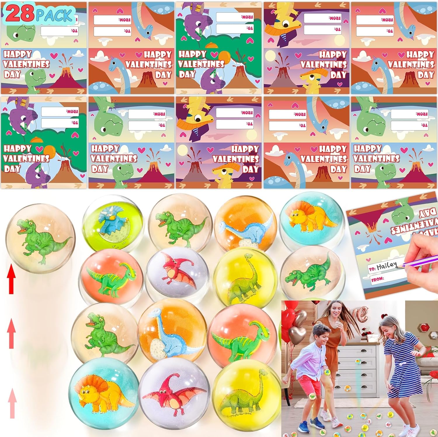 28 Pack Valentines Cards for Kids Prefilled 30mm Bouncy Balls with 3D Dinosaur I...