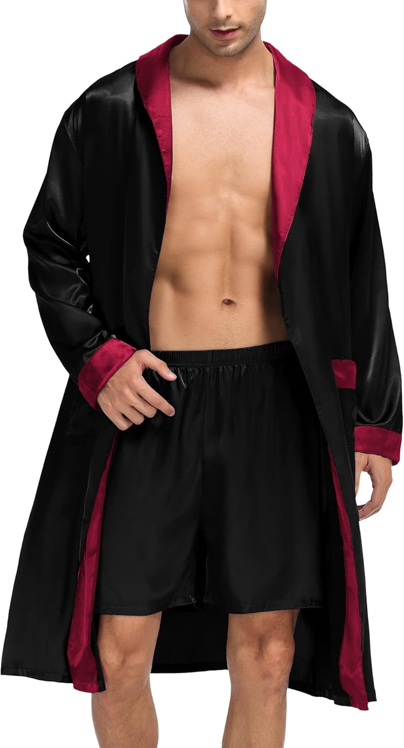 SWOMOG Men's Satin Robe with Shorts Set Silky Kimono Bathrobe Lightweight Soft S...