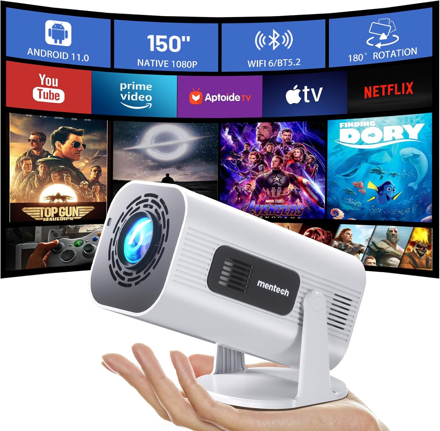 Mini Projector with WiFi and Bluetooth, 180°Adjustable Stand Smart Projector, 15...