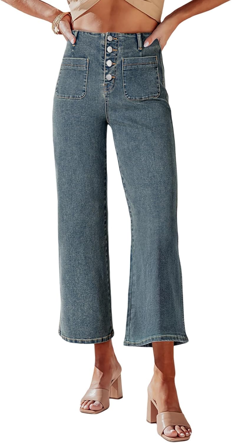 Sidefeel Women's Wide Leg Jeans High Waisted Stretchy Straight Leg Jeans Buttone...