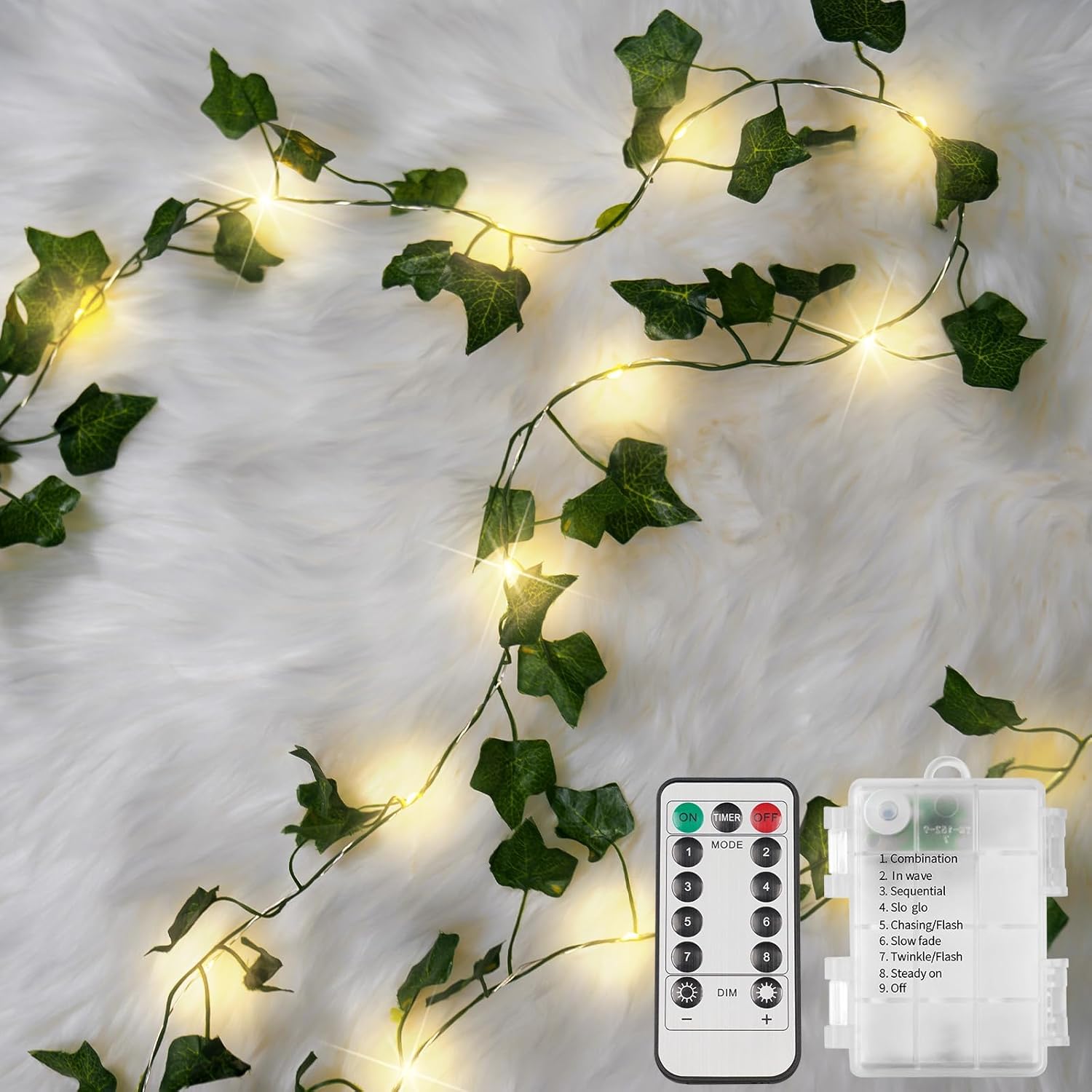 suddus Vine with Fairy Lights Battery Operated, 33ft 100 LED Ivy String Lights w...