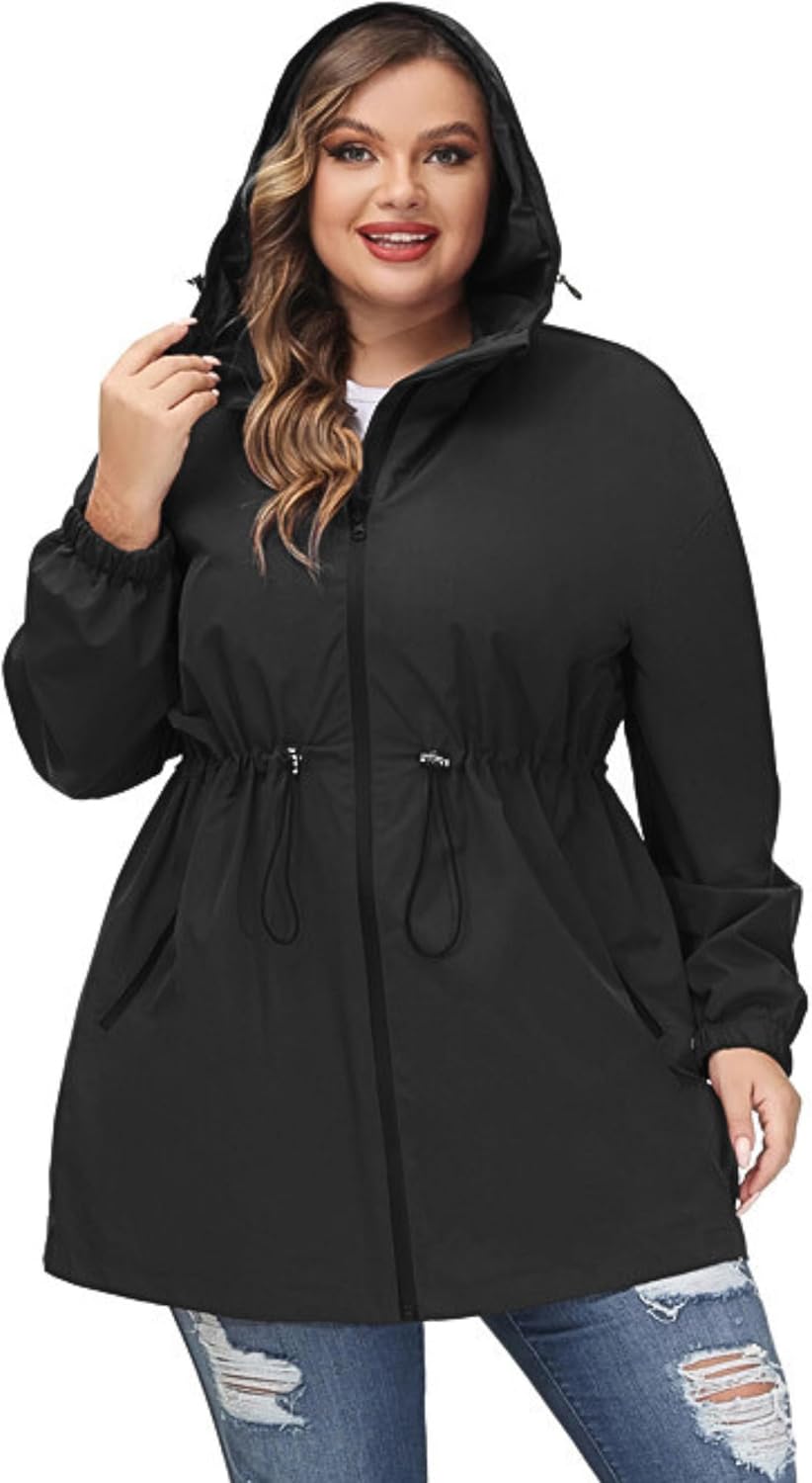 Hanna Nikole Women's Plus Size Long Hooded Raincoat Lightweight Waterproof Windb...