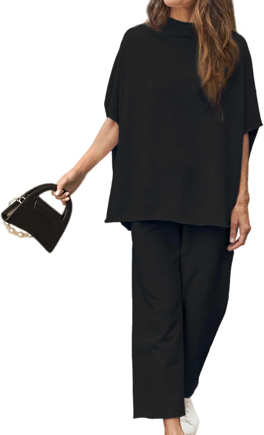 Women's Two Piece Outfits 3/4 Batwing Sleeve Capelet Crew Neck Pullover Top Wide...