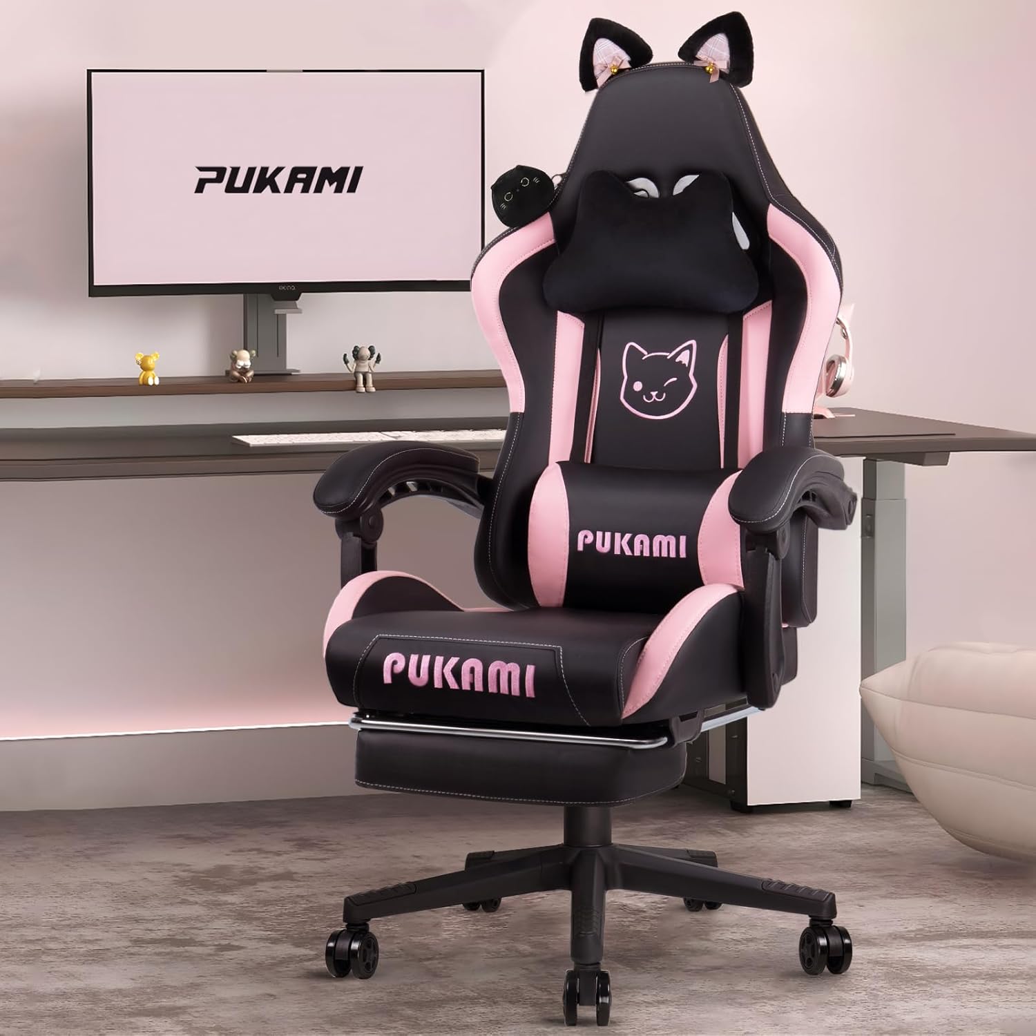 PUKAMI Gaming Chair Cute with Cat Ears,Ergonomic Computer Chair for Girl with Fo...