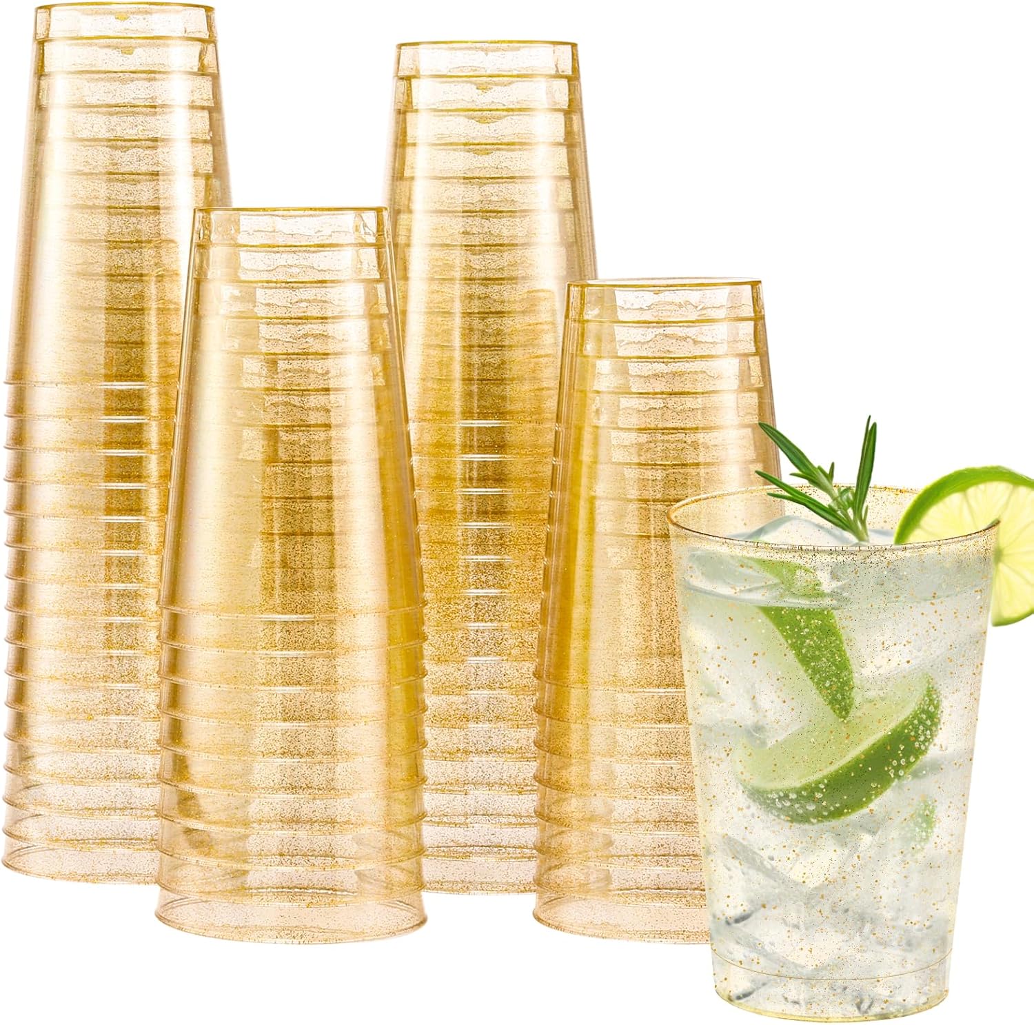 Lamosi 100 Pack 12 oz Gold Plastic Cups, Disposable Gold Glitter Plastic Cups, F...