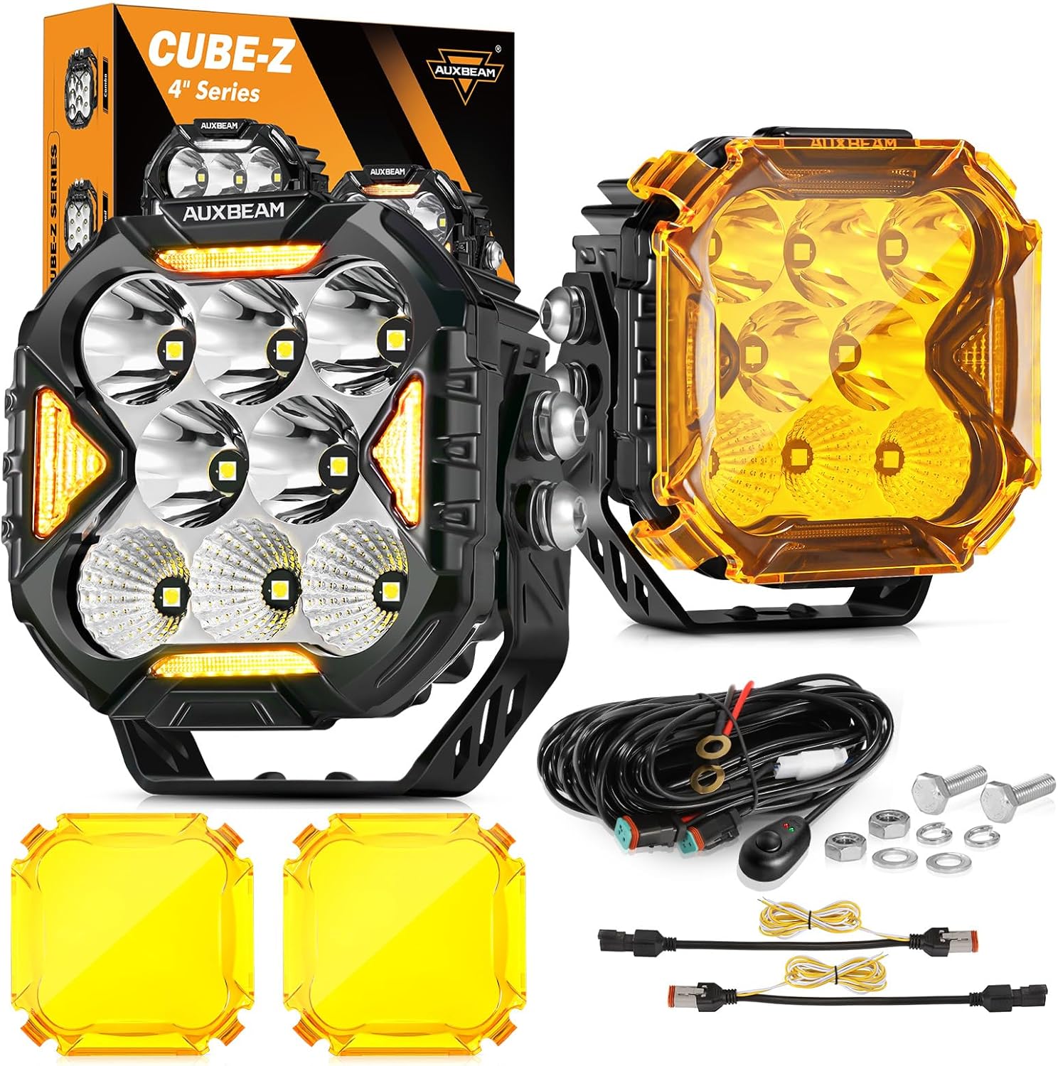 Auxbeam Cube-Z Series 4" Led Pods Lights with Amber Covers, 112W 12800LM Flood S...