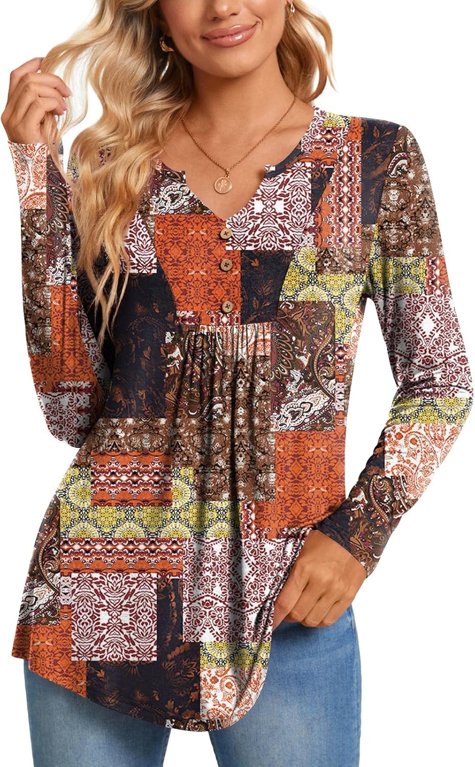 CATHY Womens Long Sleeve Tunic Tops Henley Shirt V-neck Button Down Blouse Casua...