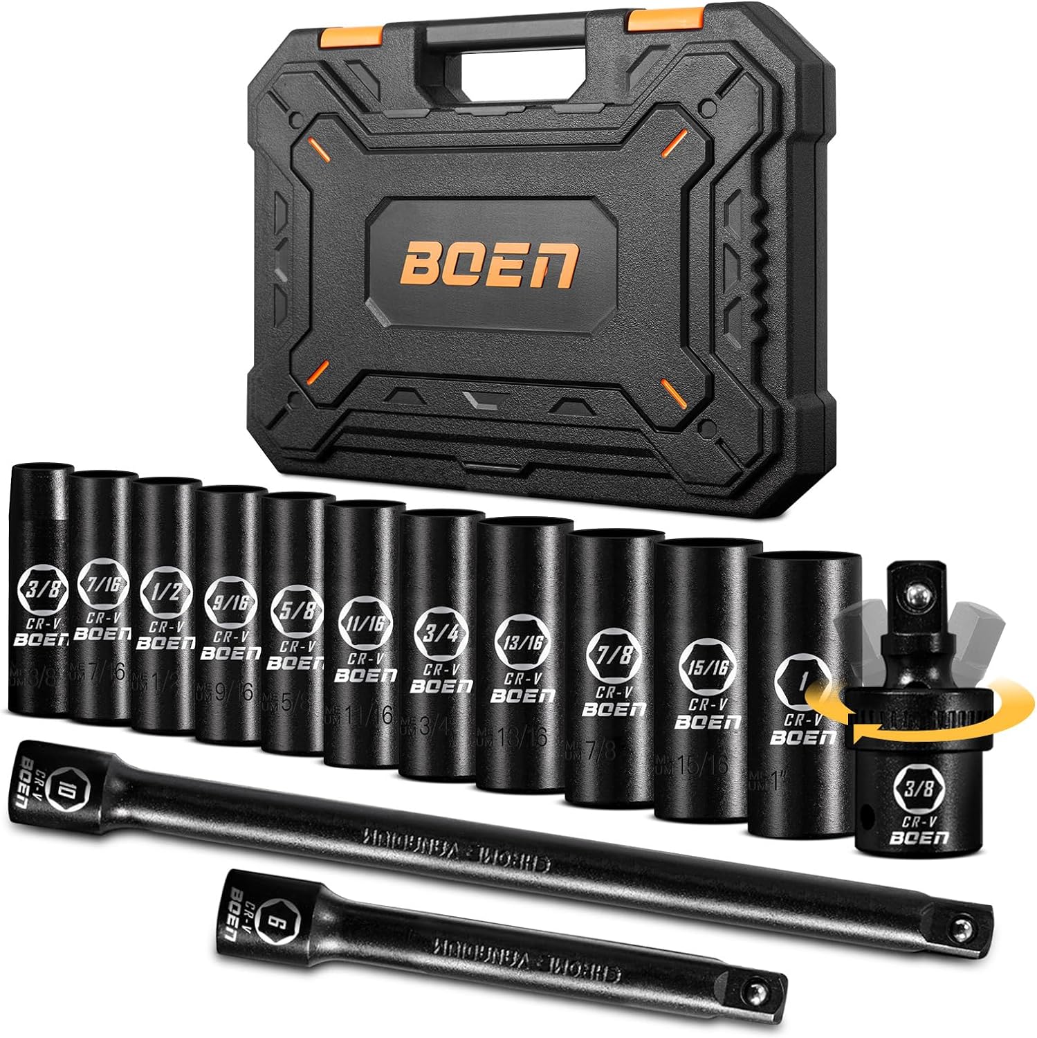 BOEN 14-Piece 3/8" Drive Deep SAE Impact Socket Set, 3/8" to 1" Socket, 3/8-Inch...