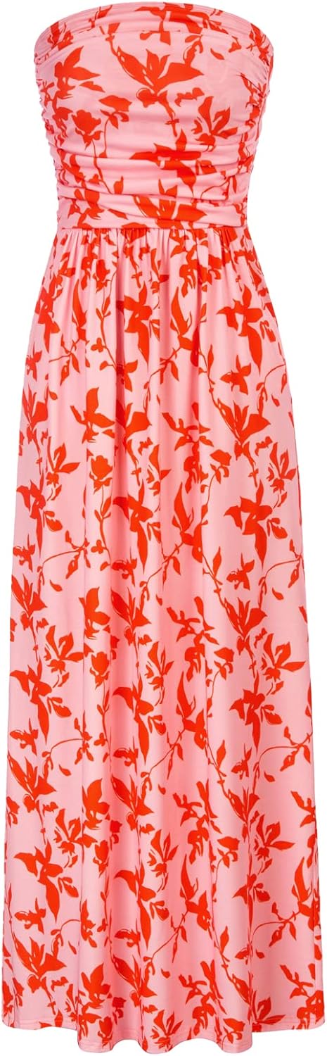 GRACE KARIN Women Strapless Casual Loose Ruched Long Maxi Dress with Pockets Ora...