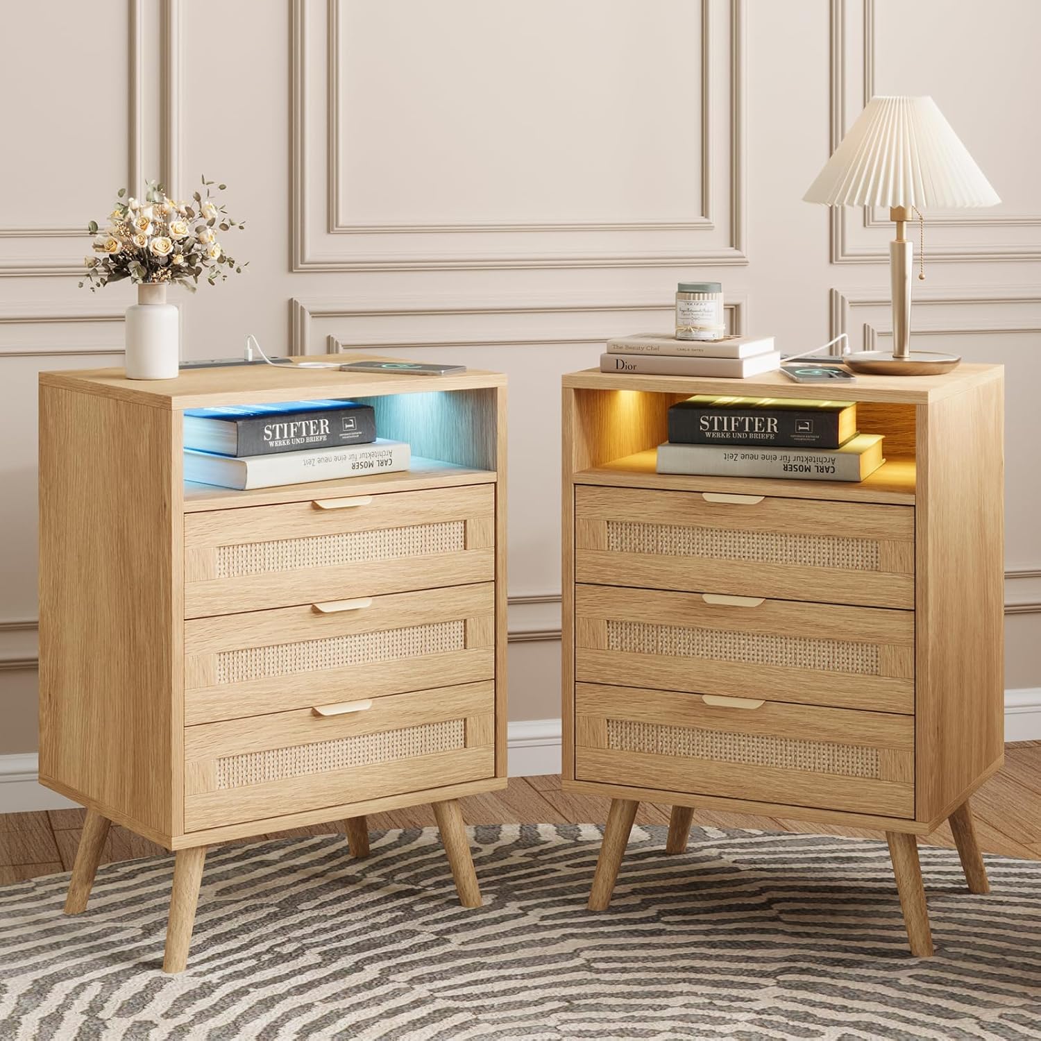 Rattan Nightstand with Charging Station USB Port Led Lights and 3 Storage Drawer...