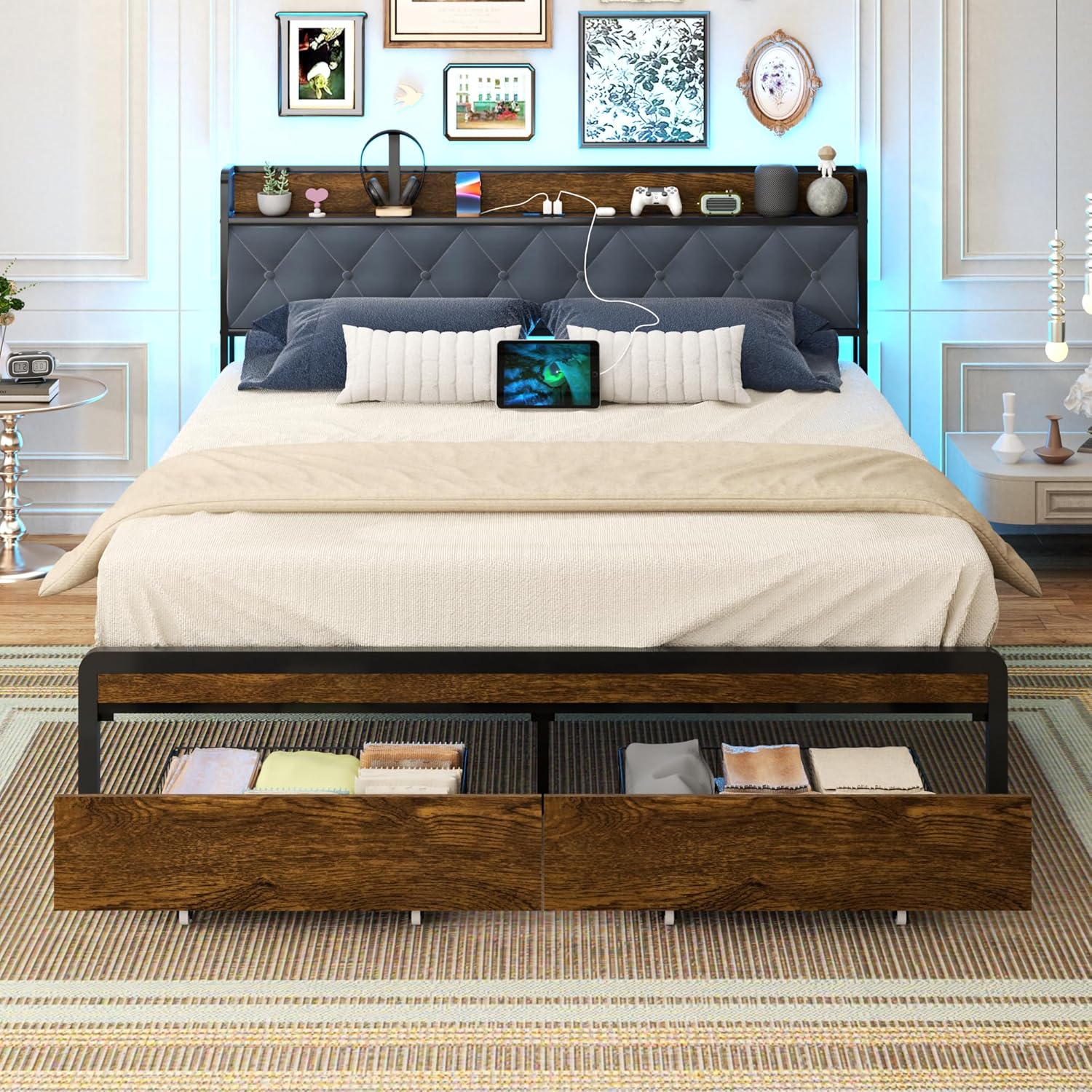 Queen Size Metal Platform Bed Frame with 2 Storage Drawers & LED Light, Upholste...