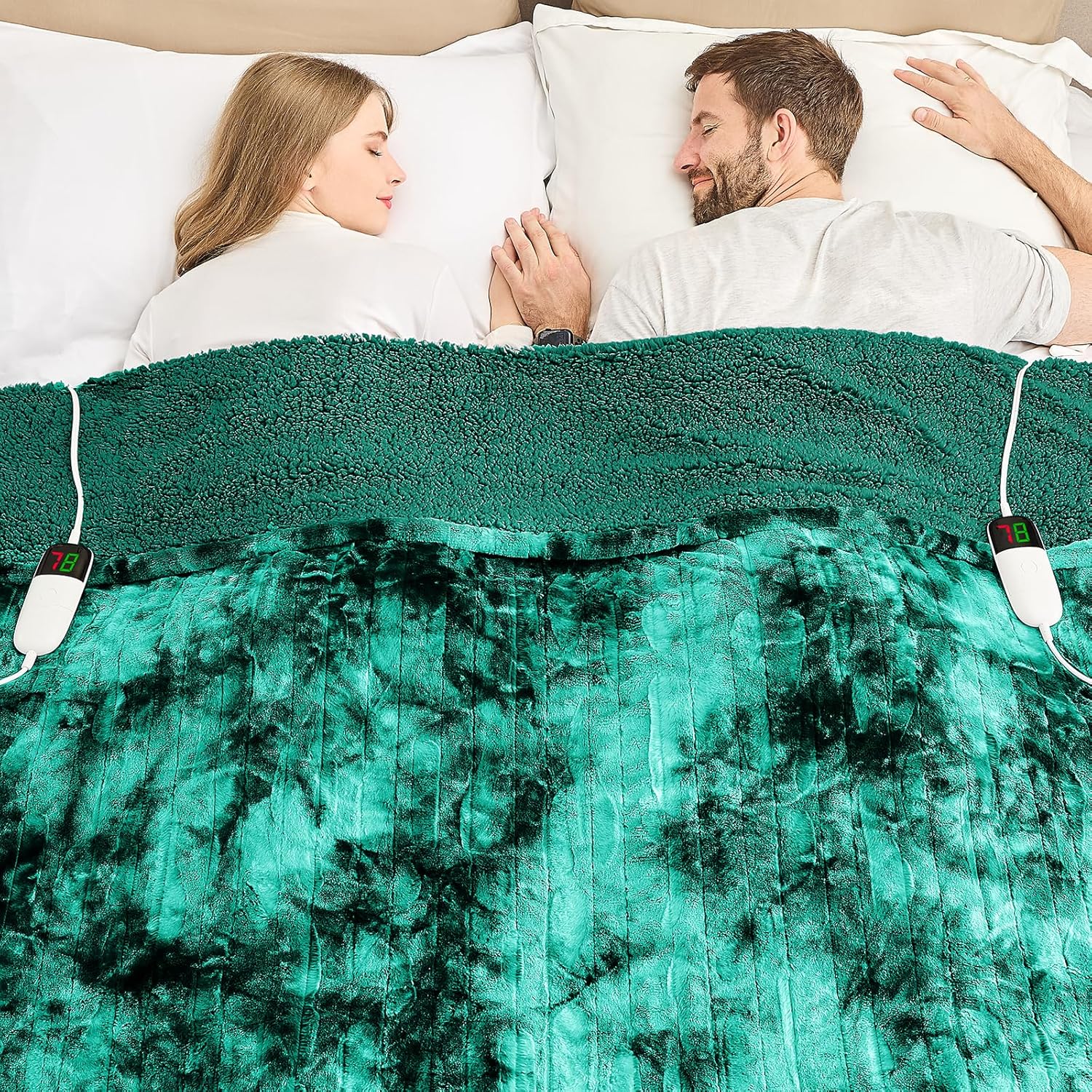 OCTROT Heated Electric Blanket Queen Size - Fleece Sherpa Heating Blanket for Be...