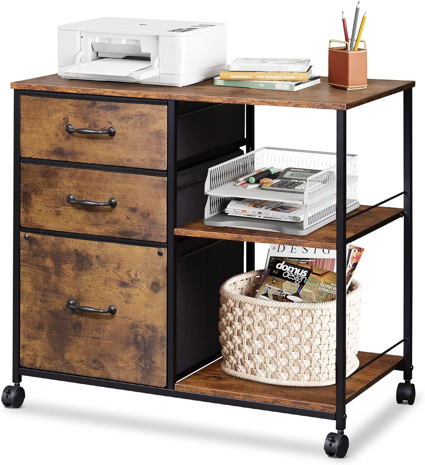 DEVAISE 3 Drawer Mobile File Cabinet, Rolling Printer Stand with Open Storage Sh...