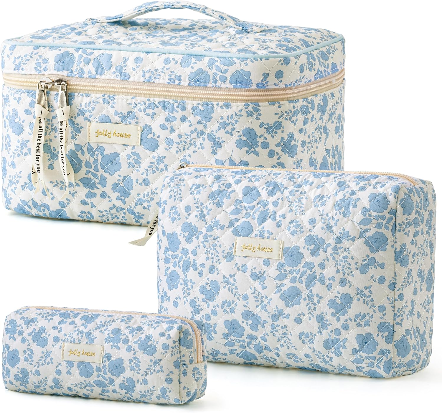 HBselect Quilted Makeup Bag, 3PCS Cotton Large Travel Makeup Bag, Cute Floral Co...