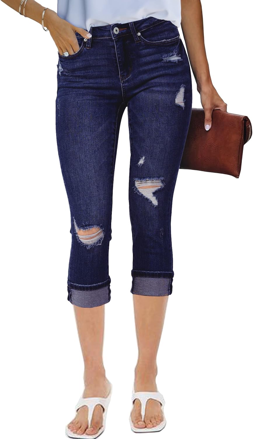 luvamia Capri Jeans for Women Stretch High Waisted Distressed Denim Capris Rippe...