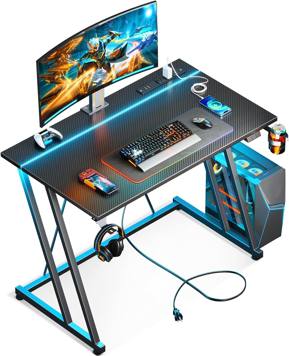 MOTPK 31.5 Inch Small Gaming Desk with LED Lights & Power Outlet, Computer Desk...